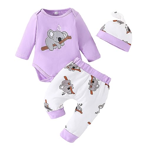 Himllauen Baby Jungen Mädchen 3tlg Set Koala Print Body + Hose + Mütze Babyset Kleinkind Kleidung Süß Outfit (Lila, 3-6 Months) von Himllauen