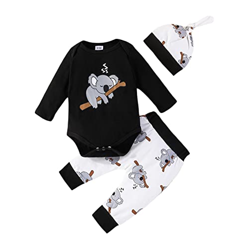 Himllauen Baby Jungen Mädchen 3tlg Set Koala Print Body + Hose + Mütze Babyset Kleinkind Kleidung Süß Outfit (Schwarz, 3-6 Months) von Himllauen