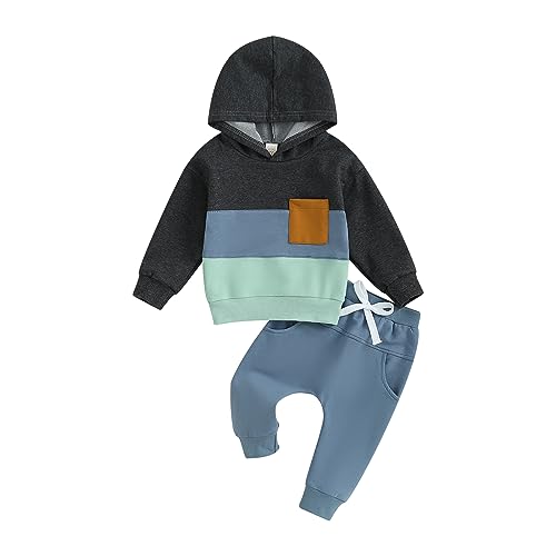 Himllauen Baby Jungen Mädchen Kleidung Hoodie + Hose Zweiteiler Babykleidung Neugeborene Set 0-3 Jahre Kleinkind Outfit (K Dunkelgrau Blau Grün, 2-3 Years) von Himllauen