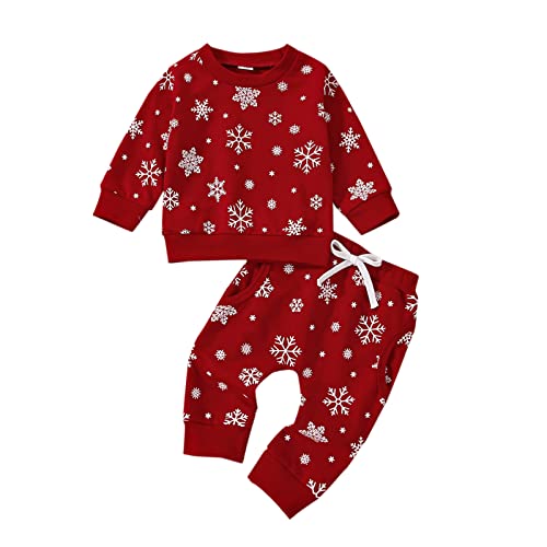 Himllauen Baby Jungen Mädchen Outfit Schnee Sweatshirt + Hose Zweiteiler Set Weihnachten Neujahr Baby Neugeborene Kleidung (Rot, 6-12 Months) von Himllauen