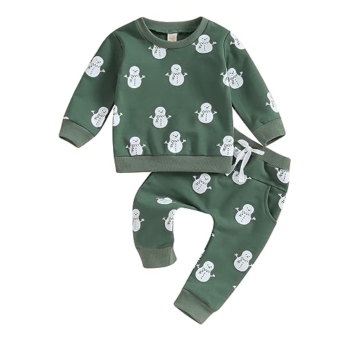 Himllauen Baby Jungen Mädchen Outfit Schnee Sweatshirt + Hose Zweiteiler Set Weihnachten Neujahr Baby Neugeborene Kleidung (Schneemann Grün, 12-18 Months) von Himllauen