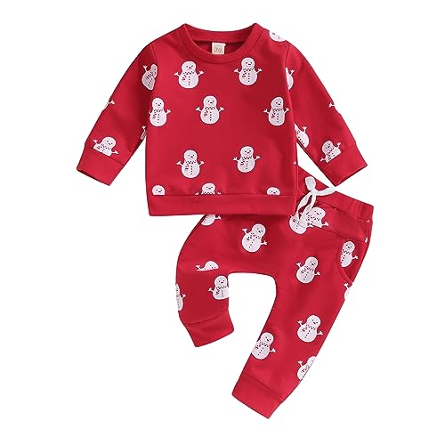 Himllauen Baby Jungen Mädchen Outfit Schnee Sweatshirt + Hose Zweiteiler Set Weihnachten Neujahr Baby Neugeborene Kleidung (Schneemann Rot, 2-3 Years) von Himllauen