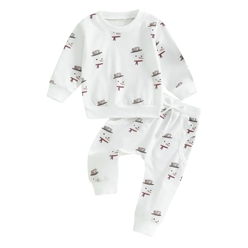 Himllauen Baby Jungen Mädchen Outfit Schnee Sweatshirt + Hose Zweiteiler Set Weihnachten Neujahr Baby Neugeborene Kleidung (Schneemann Weiß, 12-18 Months) von Himllauen