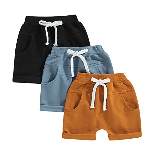 Himllauen Baby Jungen Shorts 3er-Pack Sommer Einfarbig Shorts 0-3 Jahre Kinder Kurze Hosen (Blau Braun Schwarz, 2-3 Years) von Himllauen