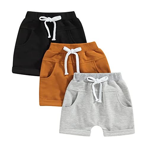 Himllauen Baby Jungen Shorts 3er-Pack Sommer Einfarbig Shorts 0-3 Jahre Kinder Kurze Hosen (Schwarz Braun Grau, 6-12 Months) von Himllauen