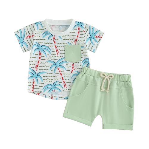 Himllauen Baby Jungen Sommer Outfit Strand Stil T-Shirt Tank Top + Shorts Zweiteiler Set 0-3 Jahre Baby Kleidung (A T-Shirt Hellgrün, 18-24 Months) von Himllauen