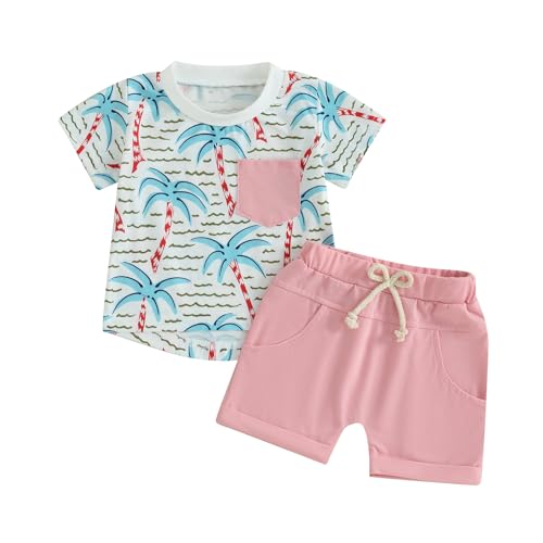 Himllauen Baby Jungen Sommer Outfit Strand Stil T-Shirt Tank Top + Shorts Zweiteiler Set 0-3 Jahre Baby Kleidung (A T-Shirt Rosa, 18-24 Months) von Himllauen