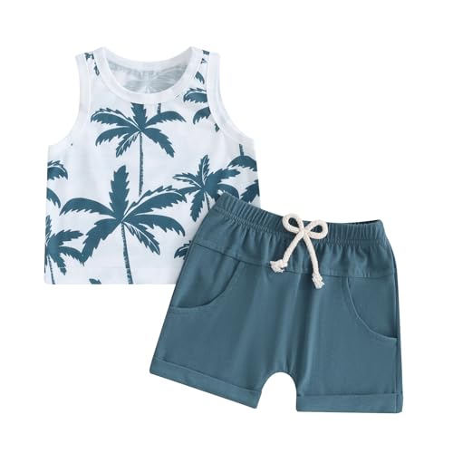 Himllauen Baby Jungen Sommer Outfit Strand Stil T-Shirt Tank Top + Shorts Zweiteiler Set 0-3 Jahre Baby Kleidung (B Tanktop Dunkelblau, 12-18 Months) von Himllauen