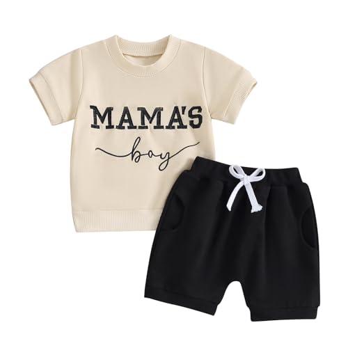 Himllauen Baby Jungen Sommer Outfit T-Shirt + Shorts Zweiteiler Babykleidung Neugeborene 0-3 Jahre Kinder Kleidung (Mama's Boy 5 Khaki & Schwarz, 12-18 Months) von Himllauen