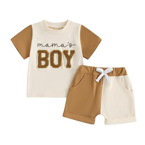 Himllauen Baby Jungen Sommer Outfit T-Shirt + Shorts Zweiteiler Set Neugeborene 0-3 Jahre Kinder Kleidung (Mama's Boy 1 Aprikose, 12-18 Months) von Himllauen