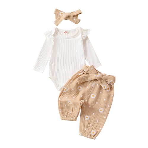 Himllauen Baby Mädchen Kleidung 3tlg Langarm Strampler Neugeborene + Gänseblümchen Hose + Stirnband Set Newborn Baby Kleid (Apricot, 3-6 Months) von Himllauen