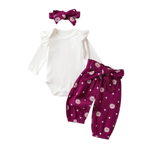Himllauen Baby Mädchen Kleidung 3tlg Langarm Strampler Neugeborene + Gänseblümchen Hose + Stirnband Set Newborn Baby Kleid (Violett, 6-12 Months) von Himllauen