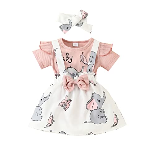 Himllauen Baby Mädchen Kleidung Elefant Print Kurzarm Body + Kleid + Stirnband Kleinkind Set Süß Outfit (Elefant Rock Rosa, 9-12 Months) von Himllauen