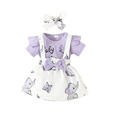 Himllauen Baby Mädchen Kleidung Elefant Print Kurzarm Body + Kleid + Stirnband Kleinkind Set Süß Outfit (Elefant Rock Lila, 0-3 Months) von Himllauen