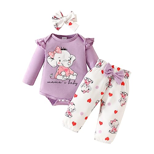 Himllauen Baby Mädchen Kleidung Elefant Print Langarm Body + Hose + Stirnband Babyset Kleinkind Süß Outfits (Mama's Baby Lila, 0-3 Months) von Himllauen