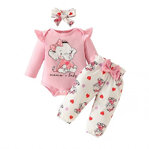 Himllauen Baby Mädchen Kleidung Elefant Print Langarm Body + Hose + Stirnband Babyset Kleinkind Süß Outfits (Mama's Baby Rosa, 0-3 Months) von Himllauen