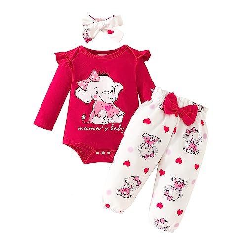 Himllauen Baby Mädchen Kleidung Elefant Print Langarm Body + Hose + Stirnband Babyset Kleinkind Süß Outfits (Mama's Baby Rot, 6-9 Months) von Himllauen
