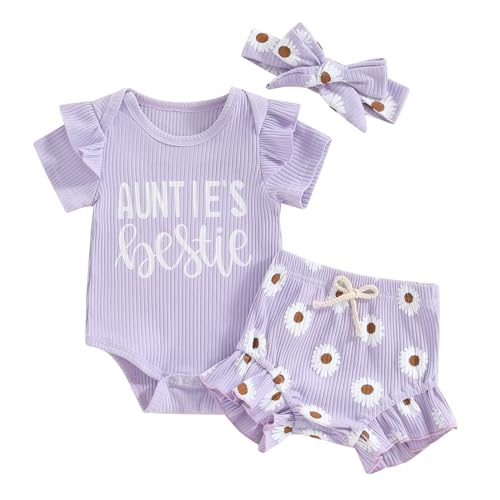 Himllauen Baby Mädchen Kleidung Kurzarm Strampler Shorts Stirnband 3tlg Set Sommer Outfit (AUNTIE'S BESTIE Daisy Lila, 0-3 Months) von Himllauen