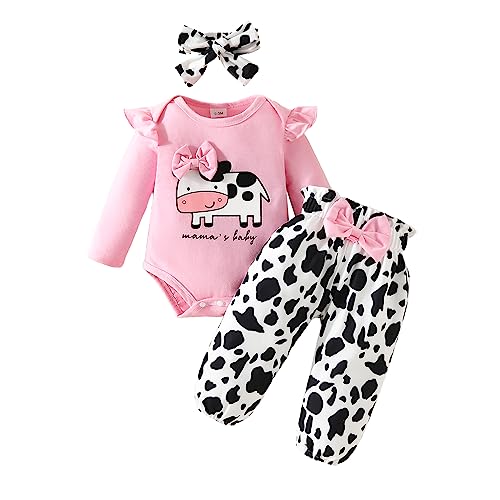 Himllauen Baby Mädchen Kleidung Langarm Body + Hose + Stirnband Milchkuh Print Babyset Kleinkind Süß Outfit (Rosa, 3-6 Months) von Himllauen