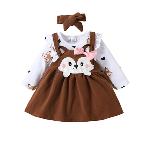 Himllauen Baby Mädchen Kleidung Langarm Body + Kleid + Stirnband Fuchs Print Babyset Kleinkind Süß Outfit (Braun, 3-6 Months) von Himllauen