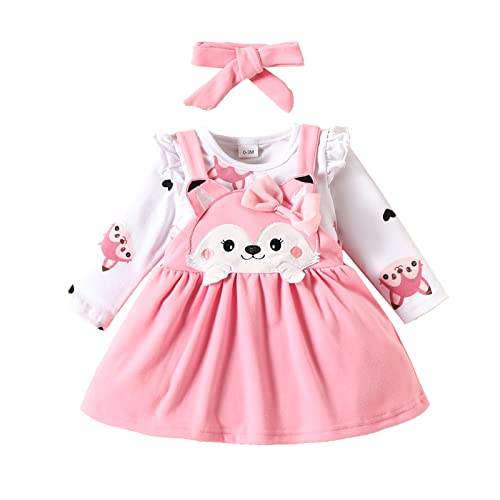 Himllauen Baby Mädchen Kleidung Langarm Body + Kleid + Stirnband Fuchs Print Babyset Kleinkind Süß Outfit (Rosa, 6-9 Months) von Himllauen