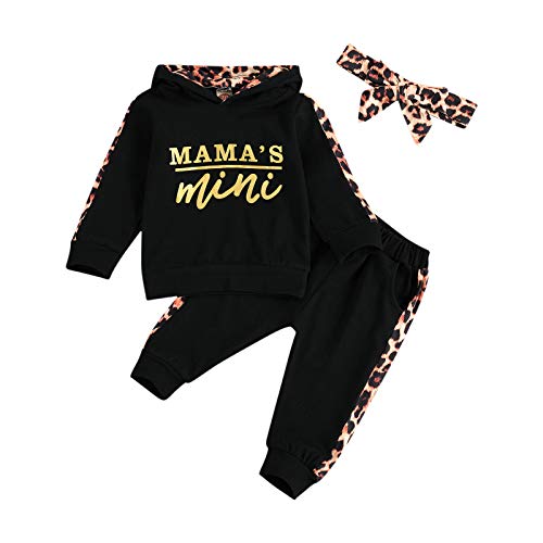Himllauen Baby Mädchen Kleidung Leopard Print Hoodie + Hose +Stirnband Baby Set Neugeborene Babykleidung (Schwarz, 0-6 Months) von Himllauen
