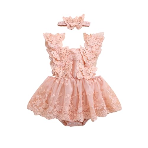 Himllauen Baby Mädchen Kleidung Spitzen Ärmellos Bodysuit mit Stirnband Set Strampler Neugeborene Sommer Baby Prinzessin Kleid Geburtstags (B Rosa, 0-3 Months) von Himllauen