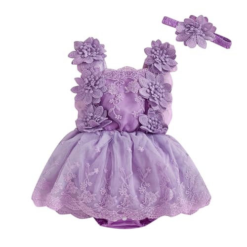 Himllauen Baby Mädchen Kleidung Spitzen Strampler Rüschen Ärmellos Bodysuit Mit Stirnband Set Strampler Neugeborene Sommer Baby Kleid (A Lila, 0-3 Months) von Himllauen