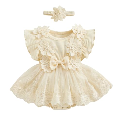 Himllauen Baby Mädchen Kleidung Spitzen Strampler Rüschen Ärmellos Bodysuit Mit Stirnband Set Strampler Neugeborene Sommer Baby Kleid (Aprikose, 12-18 Months) von Himllauen