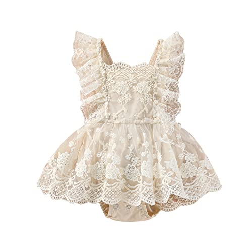 Himllauen Baby Mädchen Kleidung Spitzen Strampler Rüschen Ärmellos Bodysuit Mit Stirnband Set Strampler Neugeborene Sommer Baby Kleid (C Aprikose Keine Stirnband, 0-3 Months) von Himllauen