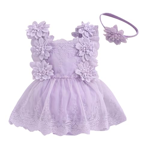 Himllauen Baby Mädchen Kleidung Spitzen Strampler Rüschen Ärmellos Bodysuit Mit Stirnband Set Strampler Neugeborene Sommer Baby Kleid (D Lila, 0-3 Months) von Himllauen