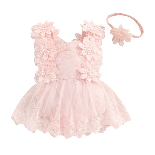 Himllauen Baby Mädchen Kleidung Spitzen Strampler Rüschen Ärmellos Bodysuit Mit Stirnband Set Strampler Neugeborene Sommer Baby Kleid (D Rosa, 0-3 Months) von Himllauen