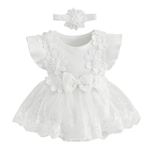 Himllauen Baby Mädchen Kleidung Spitzen Strampler Rüschen Ärmellos Bodysuit Mit Stirnband Set Strampler Neugeborene Sommer Baby Kleid (Weiß, 6-12 Months) von Himllauen