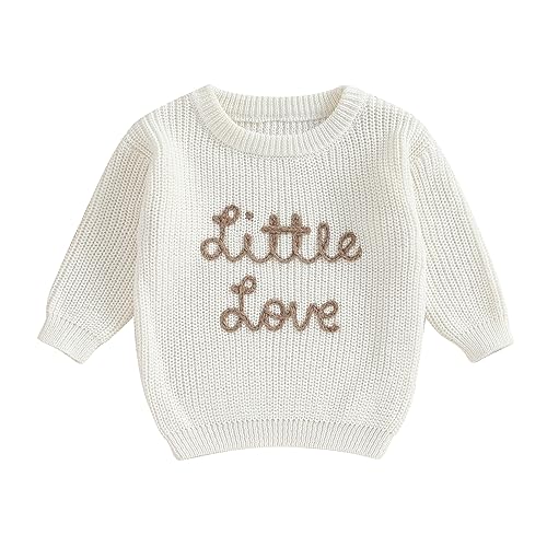 Himllauen Baby Mädchen Pullover Little Love Langarm Strickpullover 0-18 Monate Baby Winter Warm Oberteile (Weiß, 3-6 Months) von Himllauen