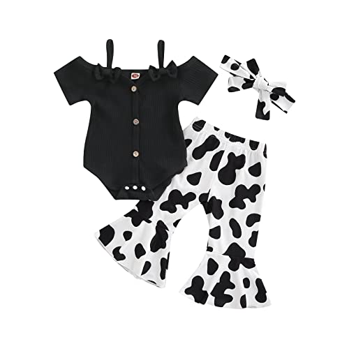 Himllauen Baby Mädchen Set Body + Hose + Stirnband Süße Babykleidung Neugeborene Kleidung 0-18 Monate Kleinkind Outfit (Schwarz Weiß, 0-6 Months) von Himllauen