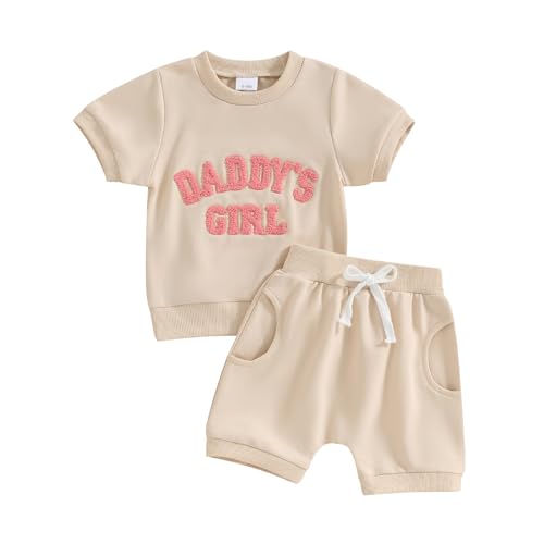 Himllauen Baby Mädchen Sommer Outfit T-Shirt + Shorts Zweiteiler Set 0-3 Jahre Kleidung (Aprikose Daddy's Girl, 12-18 Months) von Himllauen