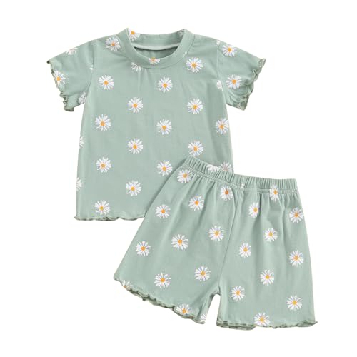 Himllauen Baby Mädchen Sommer Outfit T-Shirt + Shorts Zweiteiler Set 0-3 Jahre Kleidung (Daisy Grün, 12-18 Months) von Himllauen