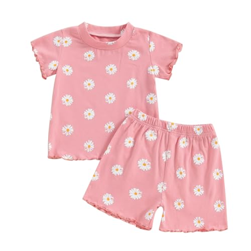 Himllauen Baby Mädchen Sommer Outfit T-Shirt + Shorts Zweiteiler Set 0-3 Jahre Kleidung (Daisy Rosa, 6-12 Months) von Himllauen