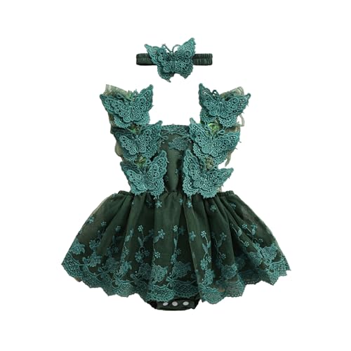 Himllauen Baby Mädchen Strampler Kleid Spitze Mesh Stickerei Ärmellos Jumpsuit Neugeborenes Baby Casual Strampler mit Stirnband für Baby Mädchen 0-24 Monate, dunkelgrün, 3-6 Months von Himllauen