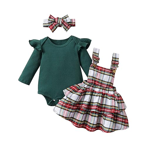 Himllauen Baby Mädchen Weihnachtsoutfit Langarm Body + Karo Straps Rock + Haarband 3tlg Set Kleinkind Outfit Weihnachten Kleidung (Grün B, 6-12 Months) von Himllauen