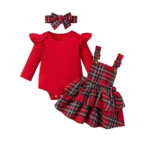 Himllauen Baby Mädchen Weihnachtsoutfit Langarm Body + Karo Straps Rock + Haarband 3tlg Set Kleinkind Outfit Weihnachten Kleidung (Rot B, 3-6 Months) von Himllauen