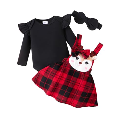 Himllauen Baby Mädchen Weihnachtsoutfit Langarm Body + Karo Straps Rock + Haarband 3tlg Set Kleinkind Outfit Weihnachten Kleidung (Schwarz A, 0-3 Months) von Himllauen