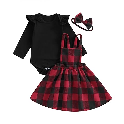 Himllauen Baby Mädchen Weihnachtsoutfit Langarm Body + Karo Straps Rock + Haarband 3tlg Set Kleinkind Weihnachten Kleidung (Schwarz, 3-6 Months) von Himllauen