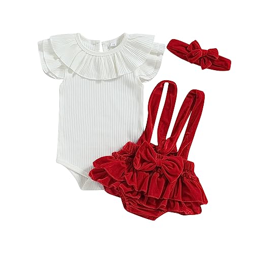 Himllauen Baby Mädchen Weihnachtsoutfit Langarm Body + Karo Straps Rock + Haarband 3tlg Set Kleinkind Weihnachten Kleidung (Weiß & Rot, 6-12 Months) von Himllauen