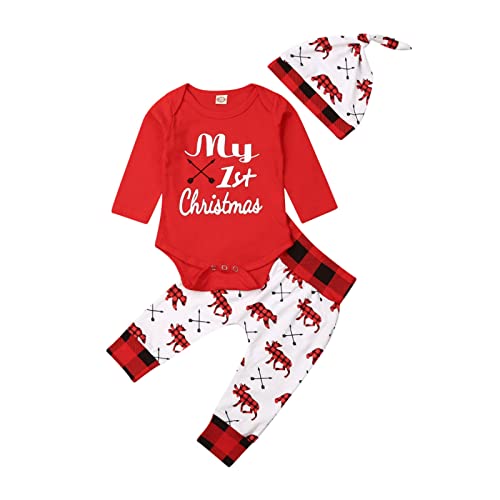 Himllauen Baby Weihnachtsoutfit Langarm Body Strampler + Lange Hose + Mütze Neugeborene Jungen Mädchen Weihnachten Kleidung (Rot & Weiß, 6-9 Months) von Himllauen