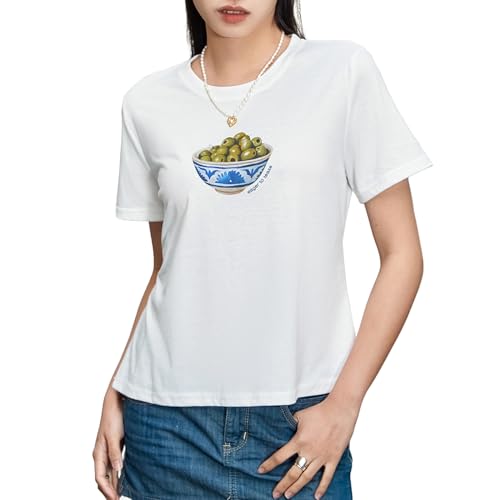 Himllauen Bedruckt Tshirt Damen Y2k Top Kurzarm Weiß Crop Tops Sexy Elegant T-Shirts für Damen Mädchen Y2k Clothes (B Olive, M) von Himllauen