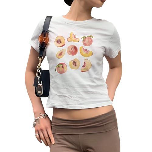 Himllauen Bedruckt Tshirt Damen Y2k Top Kurzarm Weiß Crop Tops Sexy Elegant T-Shirts für Damen Mädchen Y2k Clothes (C Pfirsiche, L) von Himllauen