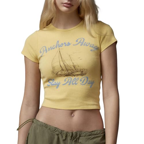 Himllauen Bedruckt Tshirt Damen Y2k Top Kurzarm Weiß Crop Tops Sexy Elegant T-Shirts für Damen Mädchen Y2k Clothes (D Gelb, S) von Himllauen