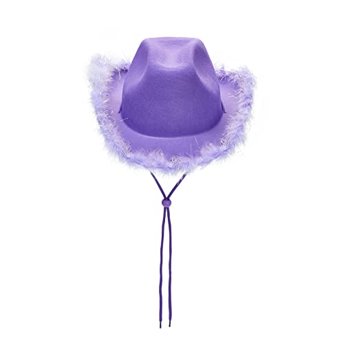 Himllauen Cowboy Hut Damen Pinker Cowboyhut Cowgirl Hut Kostüm für Cosplay Karneval Halloween Fasching Party Breite Krempe Flauschig Feder Hut (B Lila, Einheitsgröße) von Himllauen