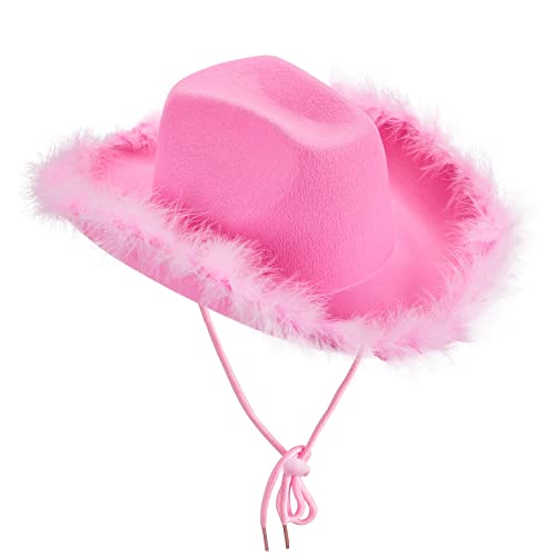Himllauen Cowboy Hut Damen Pinker Cowboyhut Cowgirl Hut Kostüm für Cosplay Karneval Halloween Fasching Party Breite Krempe Flauschig Feder Hut (B Rosa 1, Einheitsgröße) von Himllauen